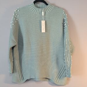 Charlie Paige Elegant Pearl-Embellished Sweater - Light Blue/Green